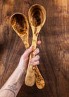 Two wooden spoons held by a hand against a wooden background