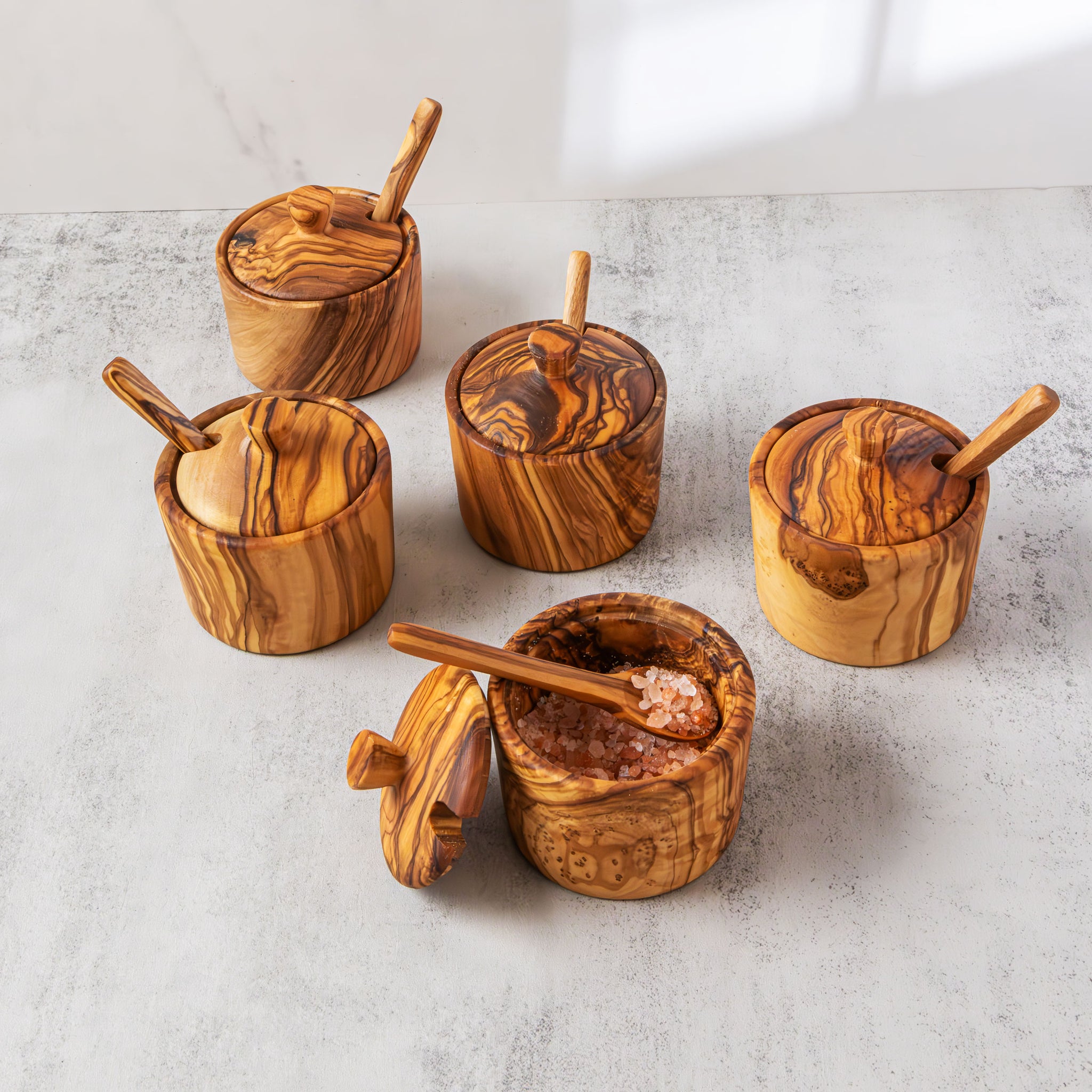 Olive Wood Salt Cellar – Handmade with Lid & Spoon Notch