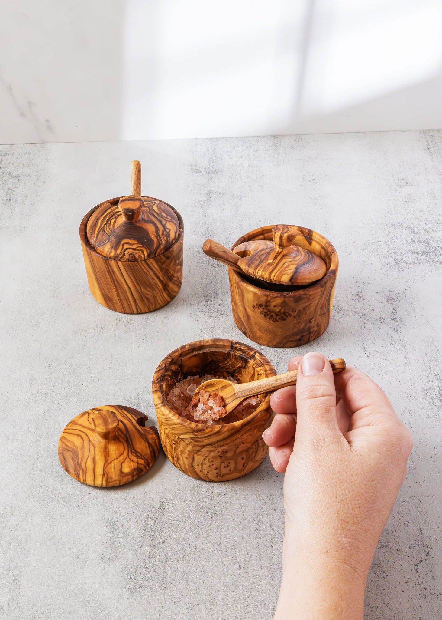 Olive Wood Salt Cellar – Handmade with Lid & Spoon Notch